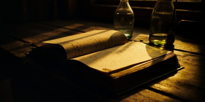 Open book on wooden desk with empty bottle and scattered papers in warm lighting