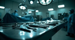 Surgical instruments and prosthetic leg components arranged on sterile medical table under bright hospital lighting.