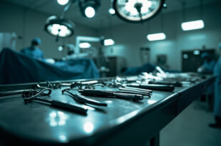 Prosthetic legs and surgical instruments arranged on hospital examination table under bright medical lighting