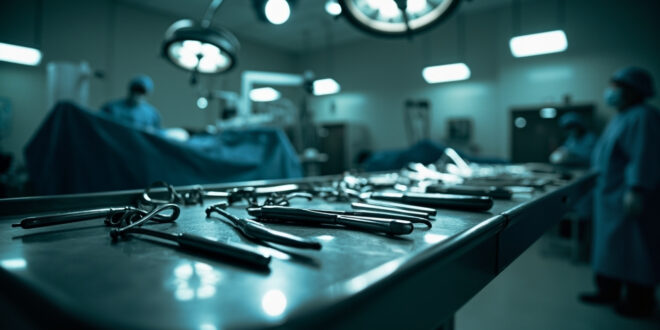 Prosthetic legs and surgical instruments arranged on hospital examination table under bright medical lighting