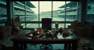 Empty executive chair in modern boardroom with racing memorabilia and packed cardboard boxes on polished table