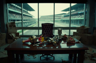 Empty executive chair in modern boardroom with racing memorabilia and packed cardboard boxes on polished table