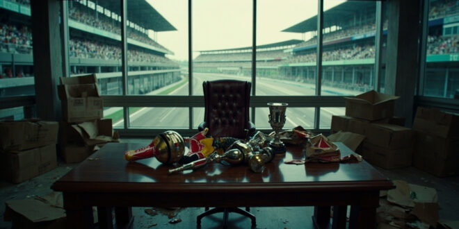 Empty executive chair in modern boardroom with racing memorabilia and packed cardboard boxes on polished table