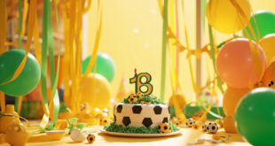 Soccer-themed birthday cake with colorful party decorations and balloons in festive indoor setting
