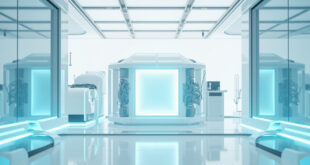 Futuristic medical laboratory with glowing organ preservation chambers and advanced biotechnology equipment in clinical blue lighting