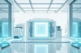 Futuristic medical laboratory with glowing organ preservation chambers and advanced biotechnology equipment in clinical blue lighting