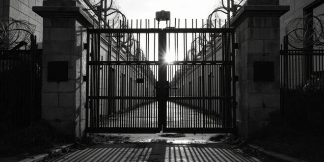 Heavy iron prison gates with concrete walls and razor wire against overcast sky