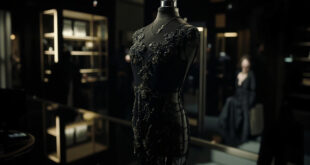 Black lace dress with floral embroidery on display in luxury boutique setting with dramatic lighting