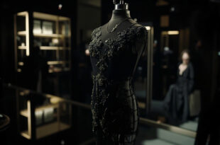 Black lace dress with floral embroidery on display in luxury boutique setting with dramatic lighting