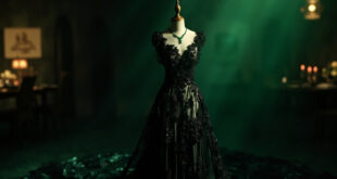 Black lace evening gown with floral embroidery on dress form, emerald jewelry displayed alongside.