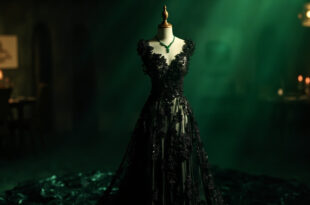 Black lace evening gown with floral embroidery on dress form, emerald jewelry displayed alongside.