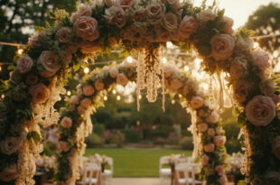 Elegant wedding arch with white roses and greenery in romantic garden venue with twinkling lights overhead