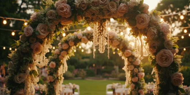 Elegant wedding arch with white roses and greenery in romantic garden venue with twinkling lights overhead