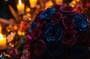 Elegant rose bouquet with dark jewel tones surrounded by glowing candles in a romantic garden setting