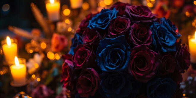 Elegant rose bouquet with dark jewel tones surrounded by glowing candles in a romantic garden setting