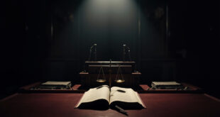 Constitutional law book open beside wooden gavel on formal government desk with official parliamentary seals