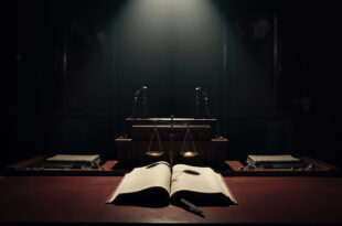 Constitutional law book open beside wooden gavel on formal government desk with official parliamentary seals