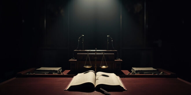 Constitutional law book open beside wooden gavel on formal government desk with official parliamentary seals