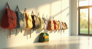 Four colorful school backpacks of varying sizes hanging on wooden hooks in a bright school hallway.