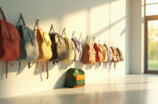 Four colorful school backpacks of varying sizes hanging on wooden hooks in a bright school hallway.