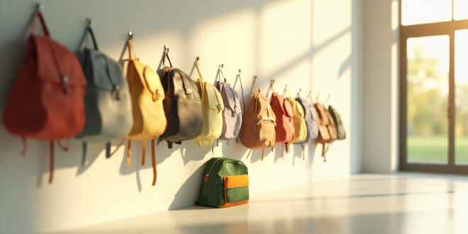 Four colorful school backpacks of varying sizes hanging on wooden hooks in a bright school hallway.