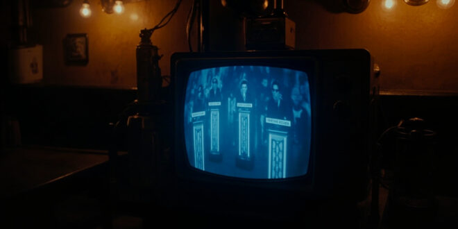 Vintage television screen glowing in dark pub interior showing quiz show results