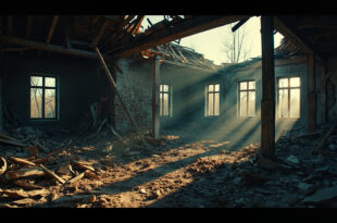 Destroyed house roof with broken wooden beams and debris scattered across ground in rural setting