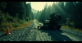 Overturned quad bike on remote gravel road with police evidence markers scattered around dense wilderness backdrop