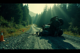 Overturned quad bike on remote gravel road with police evidence markers scattered around dense wilderness backdrop