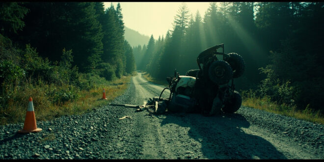 Overturned quad bike on remote gravel road with police evidence markers scattered around dense wilderness backdrop