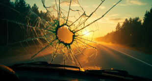 Shattered car windshield with large impact hole surrounded by spider web cracks and glass fragments