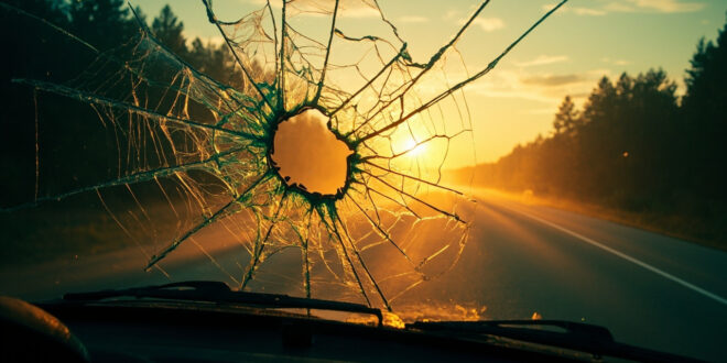 Shattered car windshield with large impact hole surrounded by spider web cracks and glass fragments