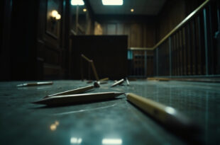 Wooden pencils scattered across polished courtroom floor near judicial bench with security barriers visible