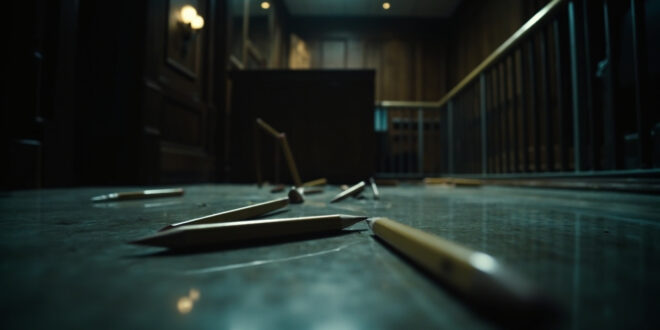 Wooden pencils scattered across polished courtroom floor near judicial bench with security barriers visible
