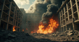 Smoking crater and debris scattered around damaged hotel courtyard with emergency vehicles nearby