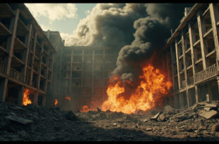 Smoking crater and debris scattered around damaged hotel courtyard with emergency vehicles nearby