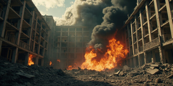 Smoking crater and debris scattered around damaged hotel courtyard with emergency vehicles nearby