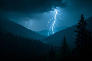 Dramatic lightning bolt striking through dark storm clouds over Colorado mountain wilderness forest