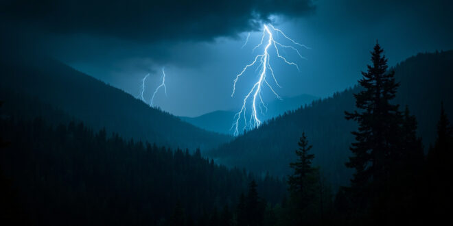 Dramatic lightning bolt striking through dark storm clouds over Colorado mountain wilderness forest