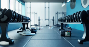 Heavy dumbbells and protein containers arranged on black rubber gym flooring under industrial lighting.