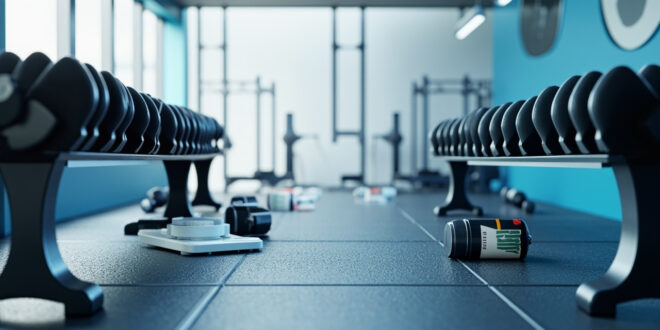 Heavy dumbbells and protein containers arranged on black rubber gym flooring under industrial lighting.