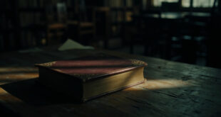 Closed hardcover book with golden lettering sits on wooden surface in moody library setting