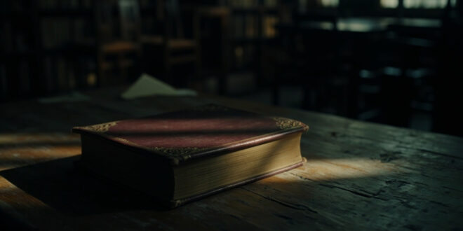 Closed hardcover book with golden lettering sits on wooden surface in moody library setting