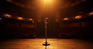 Empty theater stage with single microphone under spotlight, red velvet seats in background.