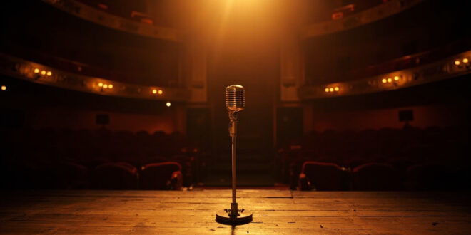 Empty theater stage with single microphone under spotlight, red velvet seats in background.