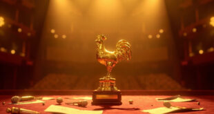 Golden hen-shaped award trophy on velvet-lined display stand with scattered sheet music under warm stage lights