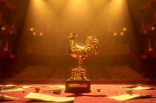 Golden hen-shaped award trophy on velvet-lined display stand with scattered sheet music under warm stage lights