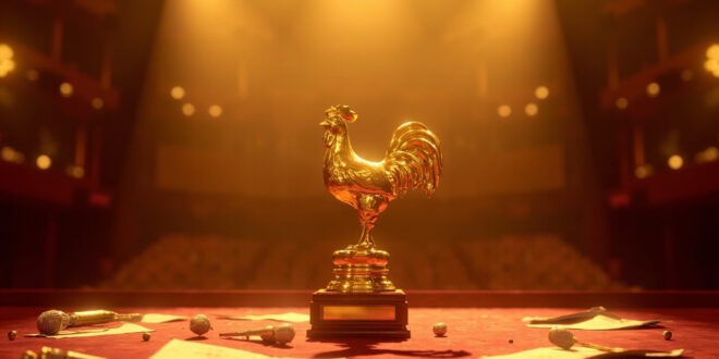 Golden hen-shaped award trophy on velvet-lined display stand with scattered sheet music under warm stage lights