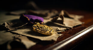 MBE medal sits beside torn certificate pieces on dark wooden desk surface.