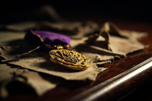 MBE medal sits beside torn certificate pieces on dark wooden desk surface.